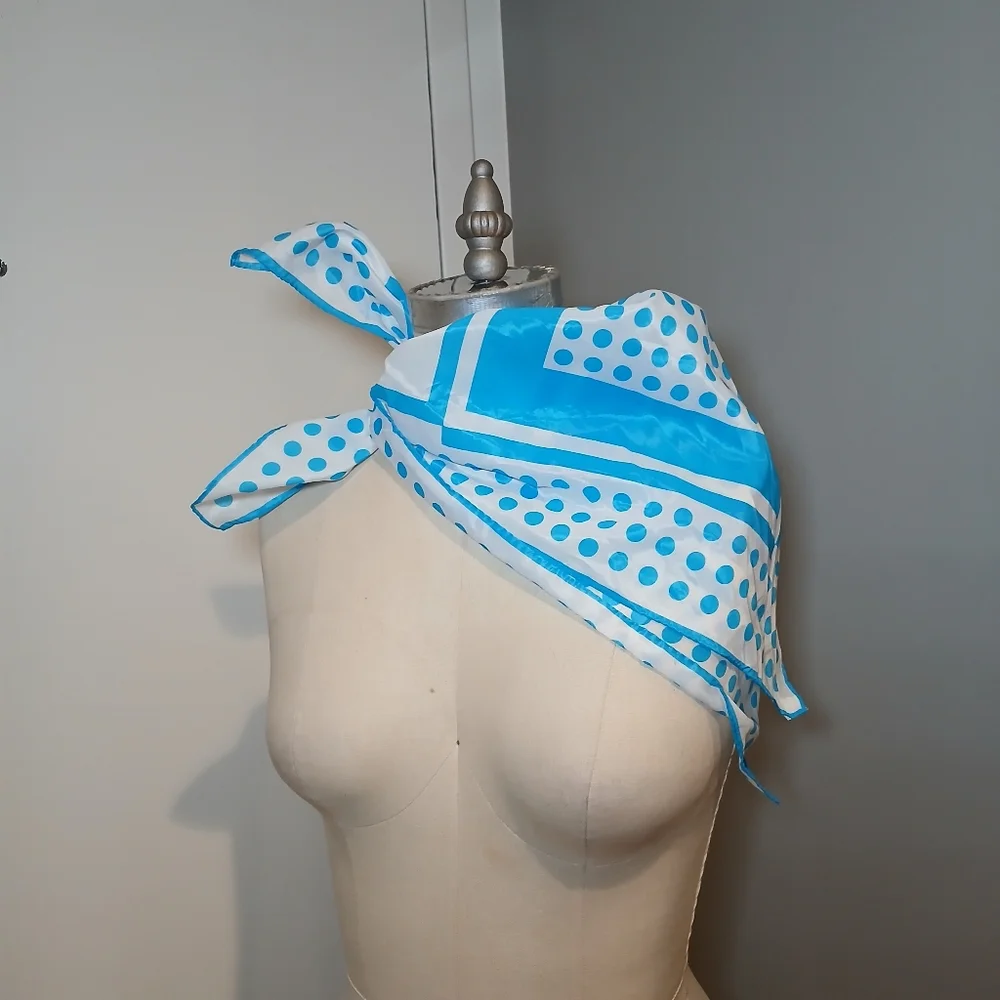 Vintage Nashar Freres LTD Baby Blue & White Polka Dot and Square Scarf Kercheif